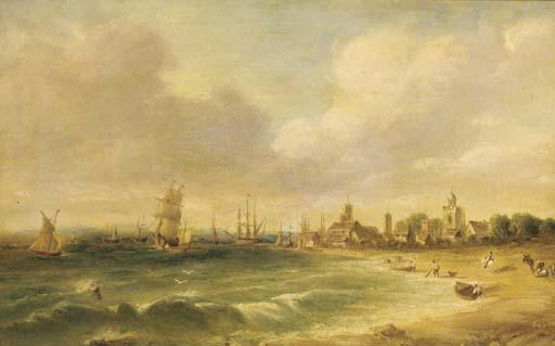 Alfred Vickers - Figures on the foreshore, a busy harbour beyond