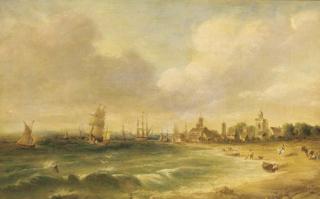 Alfred Vickers - Figures on the foreshore, a busy harbour beyond