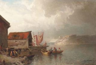 Alfred Wahlberg - Fishermen and their families unloading at dusk