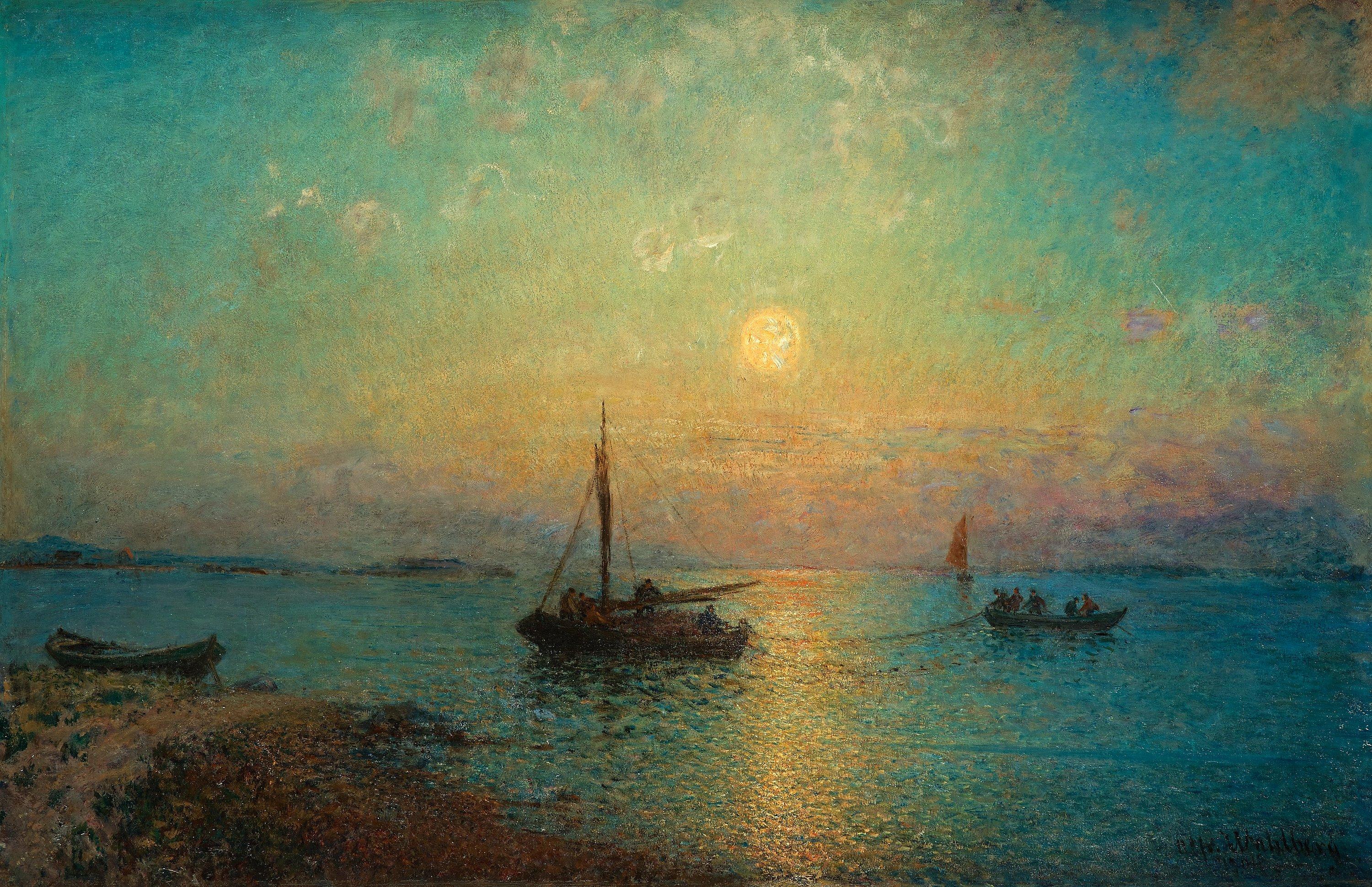 Alfred Wahlberg - The sun setting over fishing boats