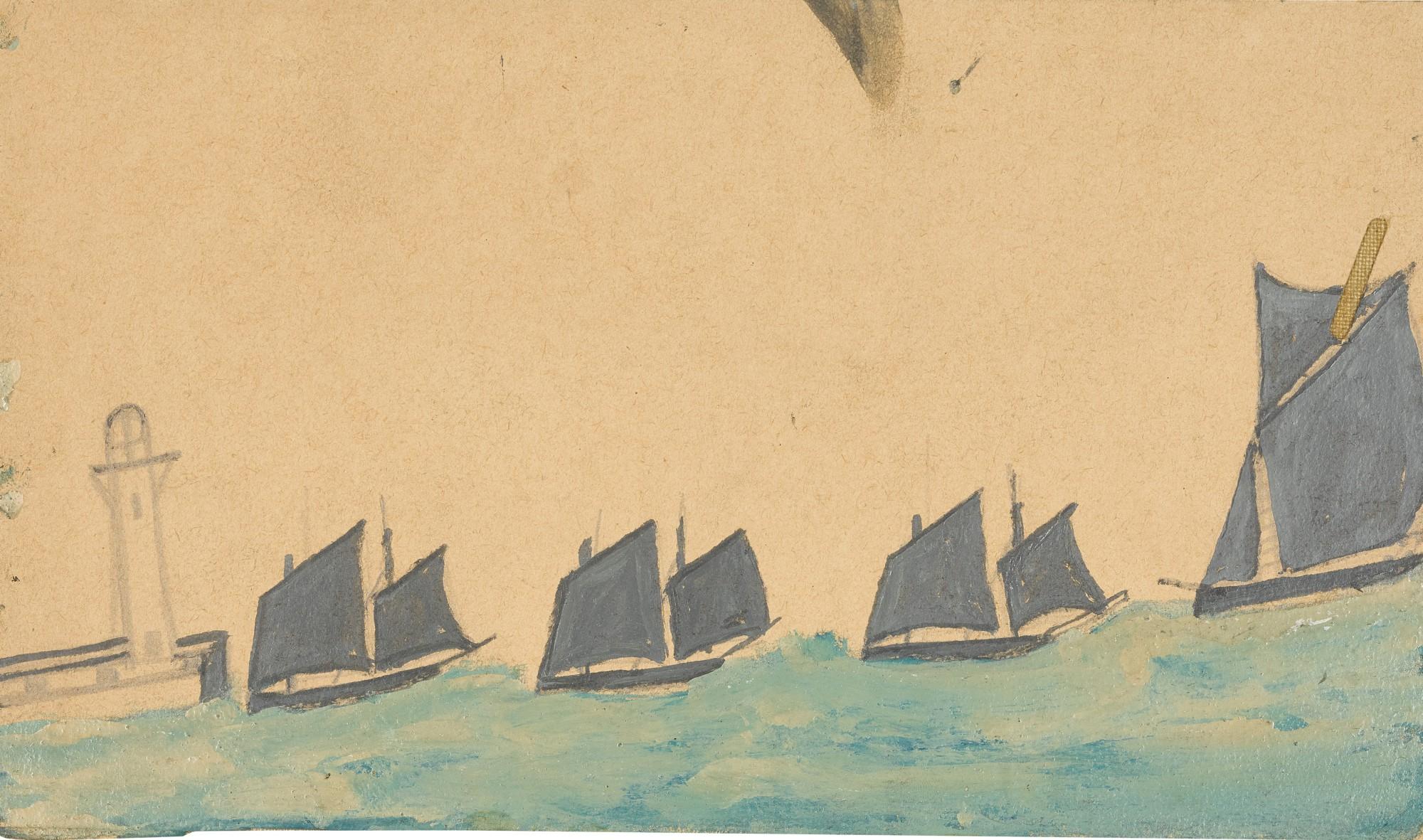 Alfred Wallis - Four Sailing Boats and Pier Head