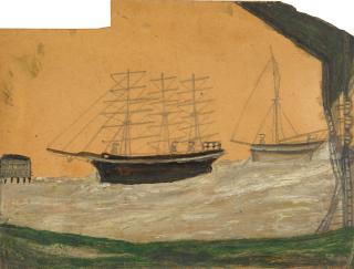 Alfred Wallis - Three Masted Ships and Arched Railway Bridge