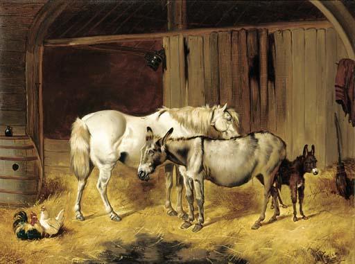 Alfred Wheeler - A grey with donkeys and chickens in a barn
