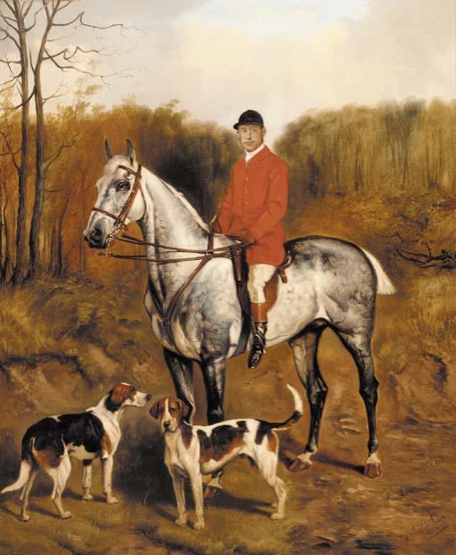 Alfred Wheeler - Tom Firr on a grey hunter with two hounds in a landscape