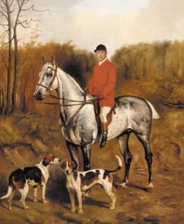 Alfred Wheeler - Tom Firr on a grey hunter with two hounds in a landscape