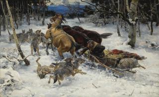Alfred Wierusz-Kowalski - Polish a Sledge Under Attack By Wolves