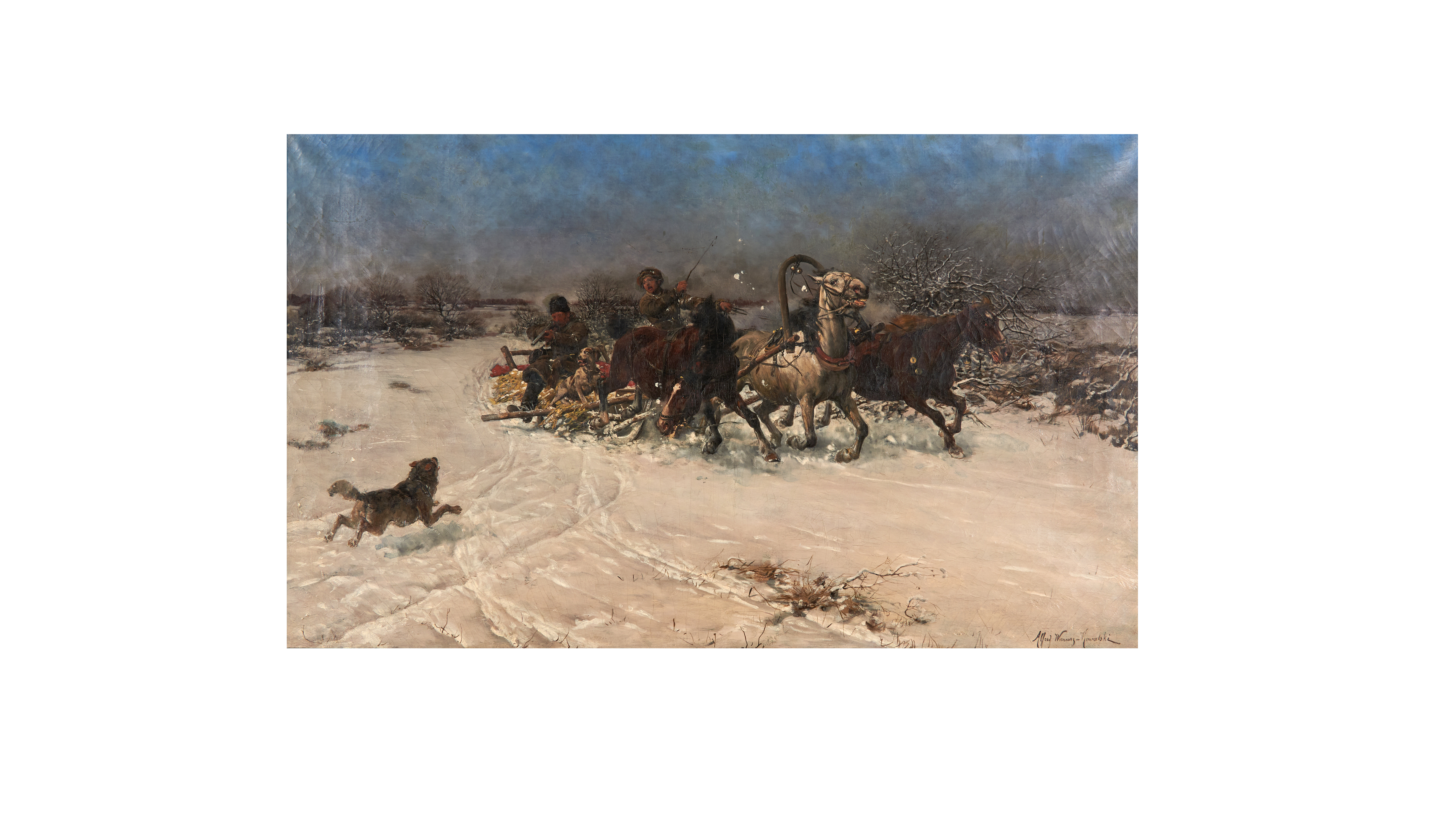 Alfred Wierusz-Kowalski - The Attack 25 3/4 x 41 in. (65.5 x 104.5 cm) framed 30 3/4 x 46 1/8 x 3 1/2 in.