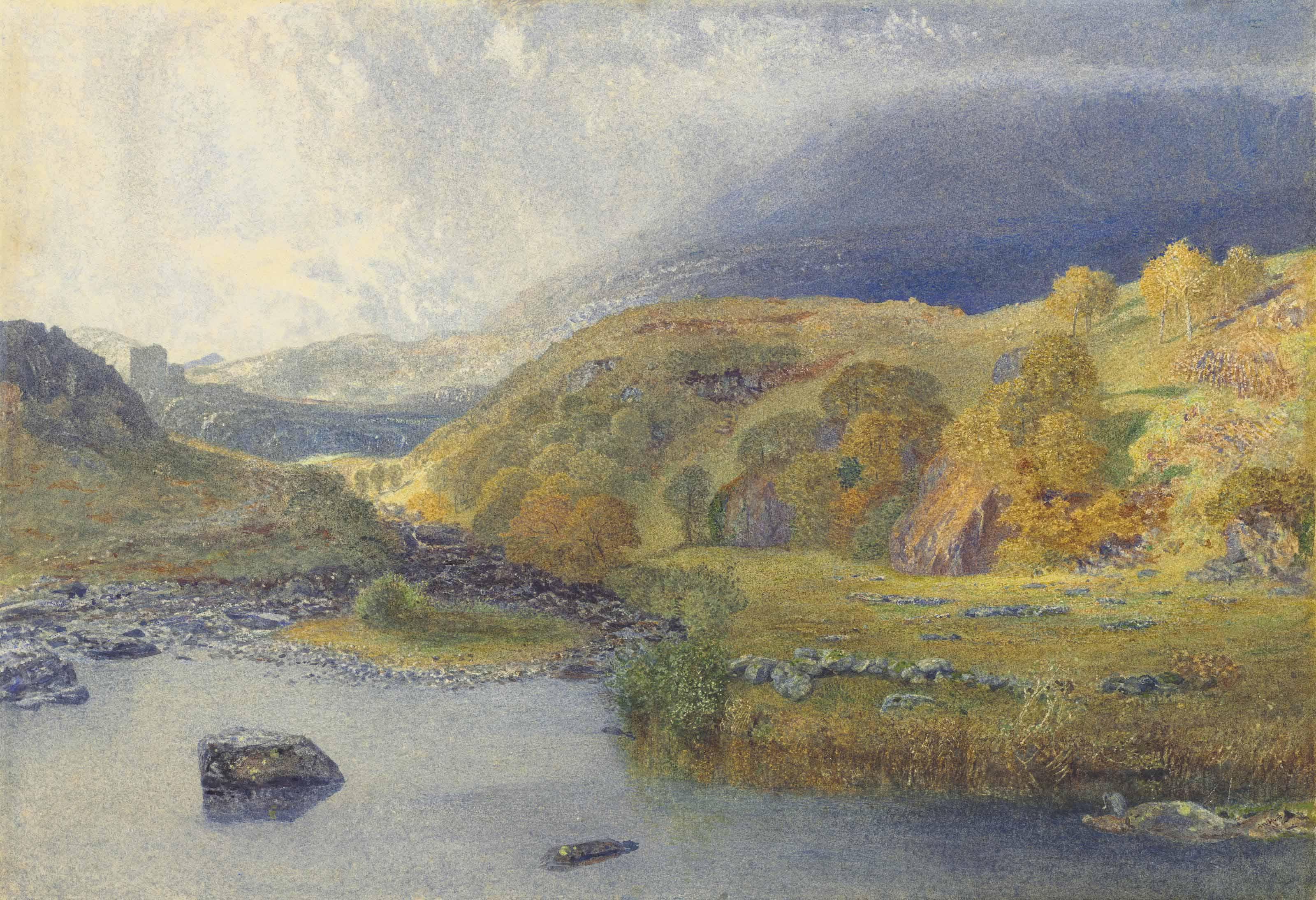 Alfred William Hunt, R.W.S. - A mountain stream with a heron in the foreground