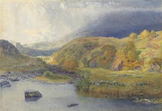 Alfred William Hunt, R.W.S. - A mountain stream with a heron in the foreground