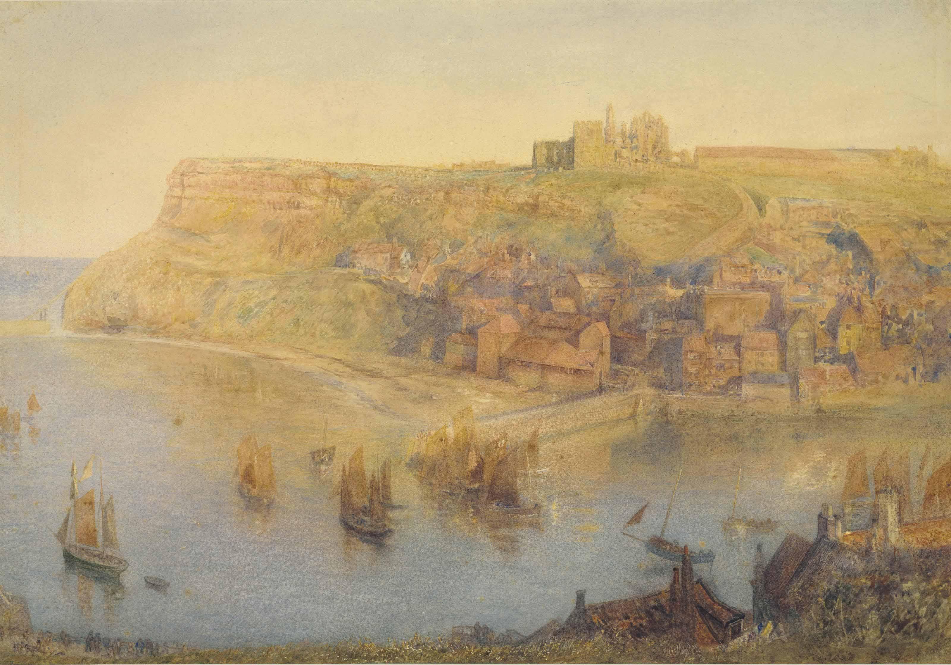 Alfred William Hunt, R.W.S. - Whitby Abbey, with boats sailing out of the harbour