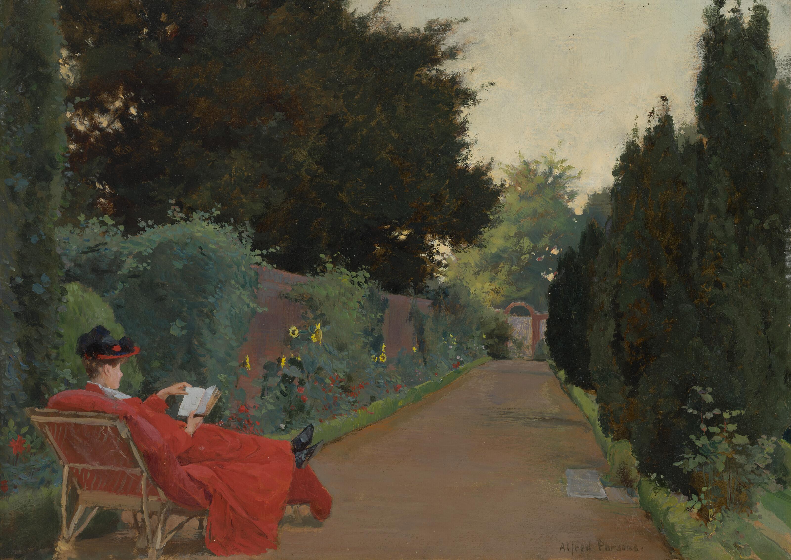 Alfred William Parsons, R.A., R.I., P.R.W.S. - A young woman reading on a garden path
