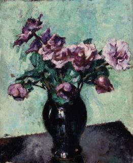 Alfred Wolmark - Purple peonies in a black vase; and Purple flowers in a glass vase
