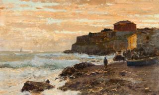 Alfred Zoff - Fischerboot am Strand bei Abendrot.