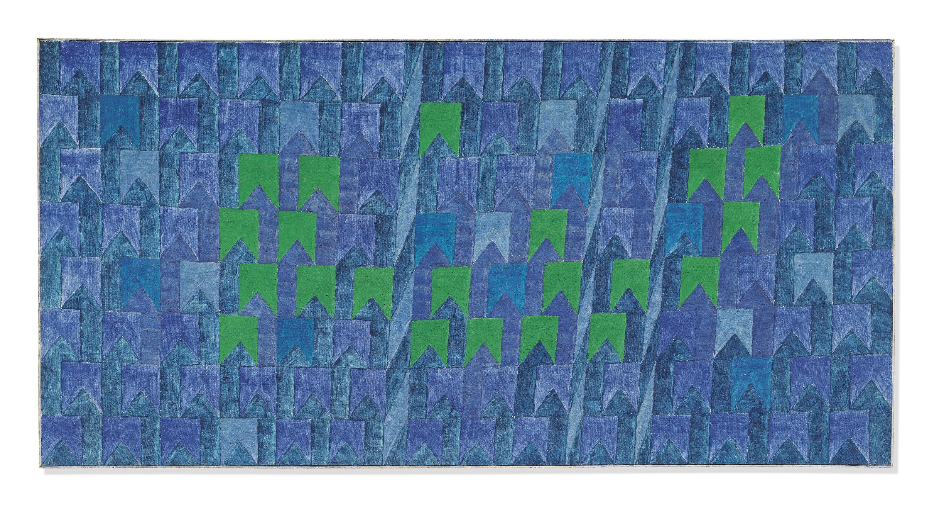 Alfredo Volpi - Untitled (Bandeirinhas com Mastros no Azul) (Untitled (Flags with Masts in Blue))