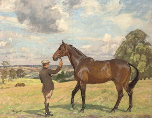 Algernon Talmage, R.A., H.R.B.A., H.R.O.I. - A Hunter And Groom In An Extensive Landscape