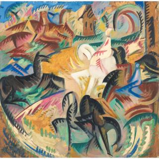 Alice Bailly - Chevaux Horses Öl, Gouache Und Collage Auf Papier Auf Leinwand Unten Links Signiert 45 X 45 Cm  