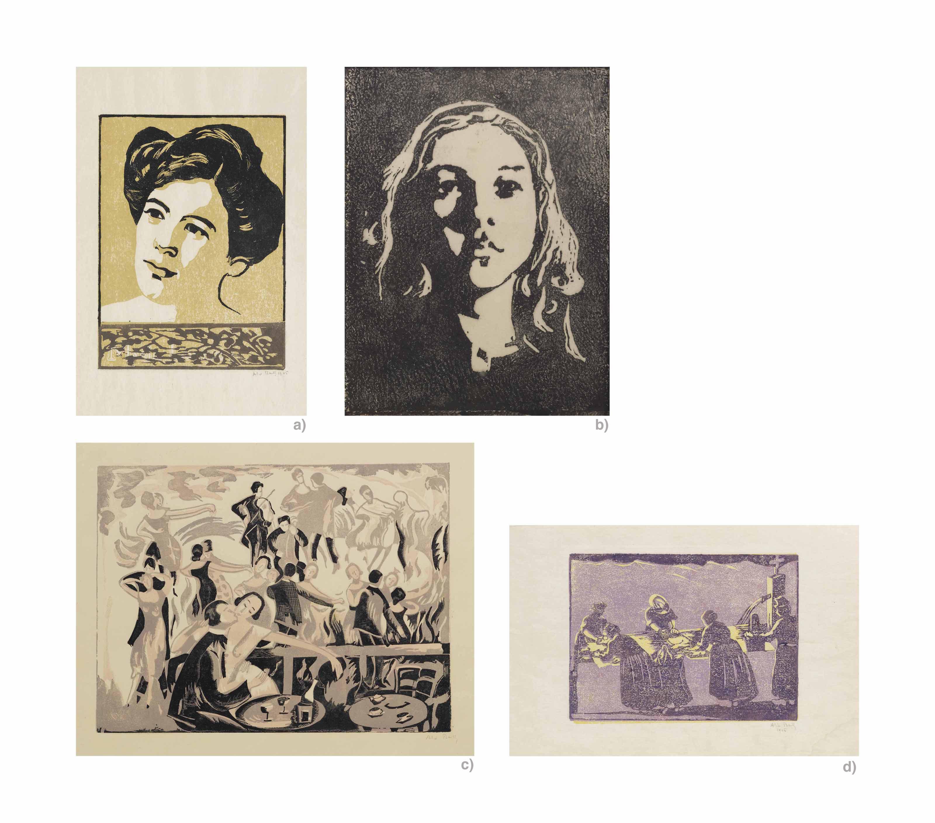 Alice Bailly - Sammelnummer von vier Werken: Frauenkopf, 1905  Frauenkopf, 1904  Le Bal Bullier, 1924  Scènes valaisannes, à la Fontaine, 1906