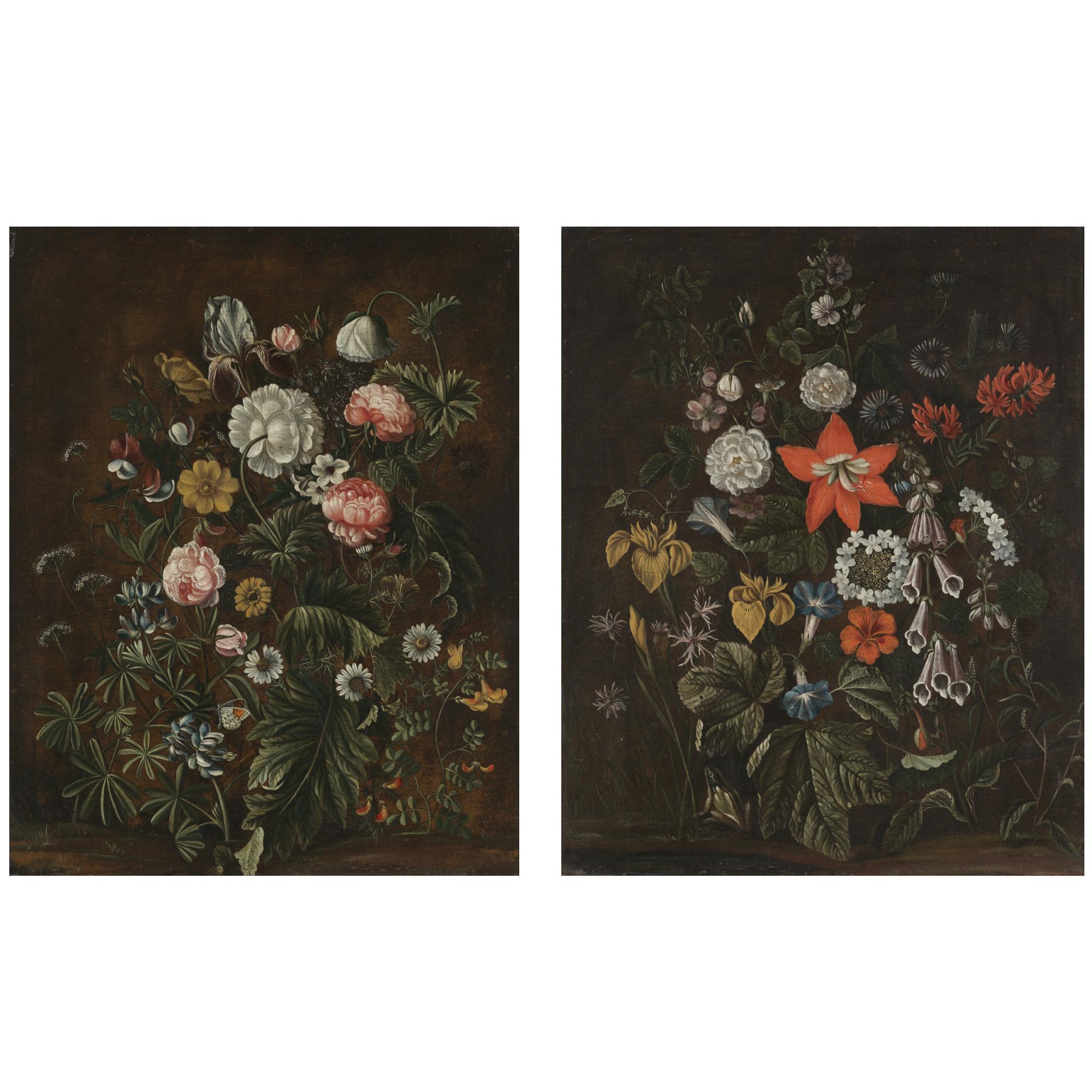 Alida Withoos - A Still Life With Irises, Morning Glory, Fox Gloves, A Red Lily And Other Flowers On A Forest Floor; A Still Life With Roses, Daisies And An Iris, And Other Flowers On A Forest Floor