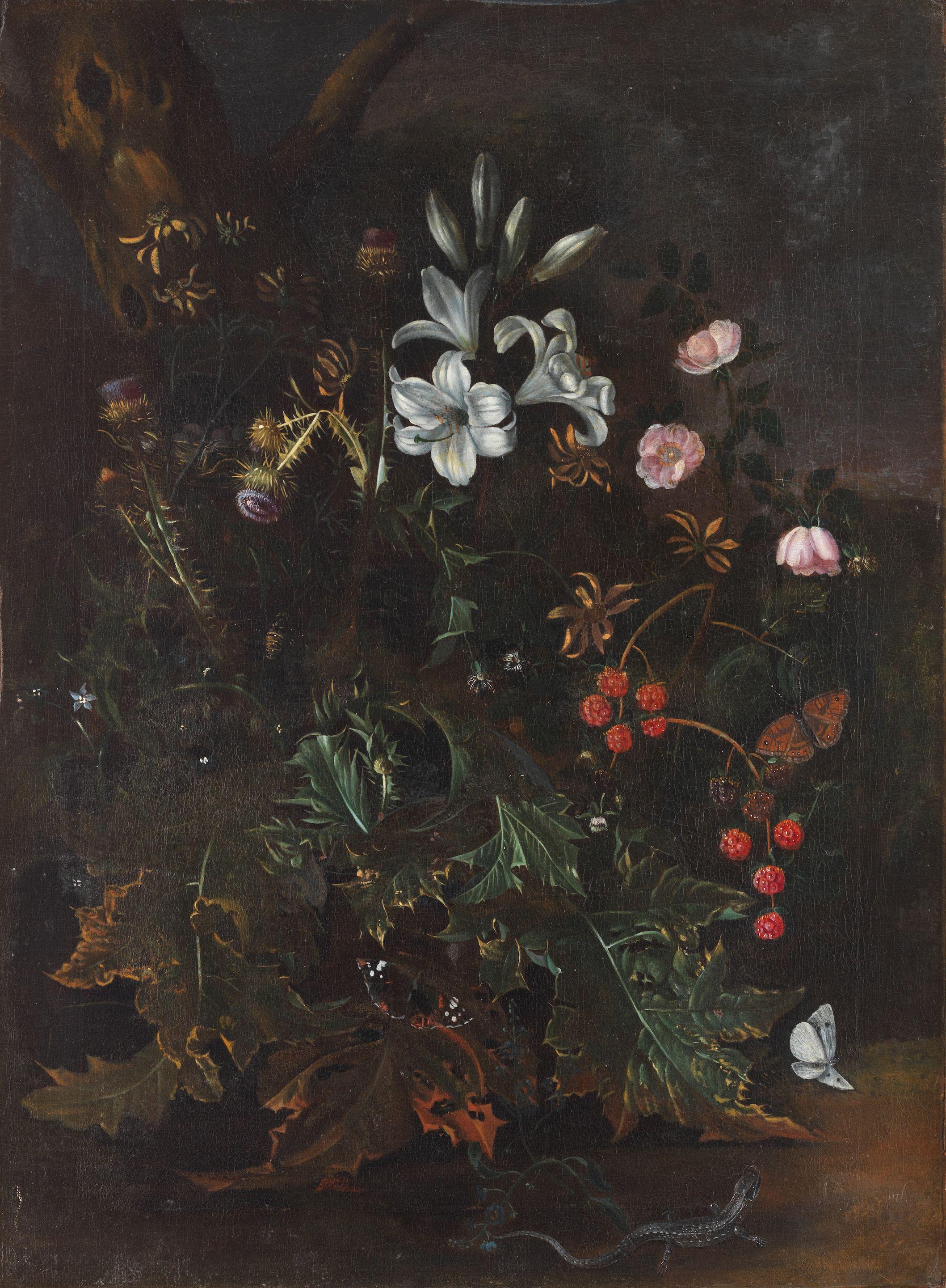 Alida Withoos - A Thistle, Lilies And Other Flowers With A Lizard And Butterflies In A Landscape