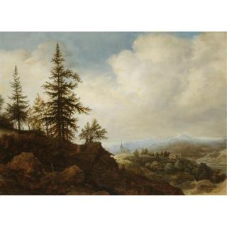 Allaert van Everdingen - A Mountainous Landscape With A Figure Passing A Timber Shed In The Foreground