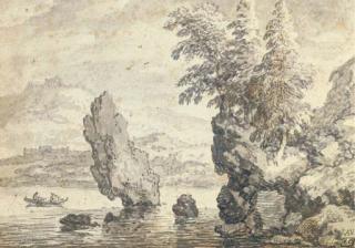 Allaert van Everdingen - A rocky coastal landscape with pine trees, figures in a rowing boat beyond