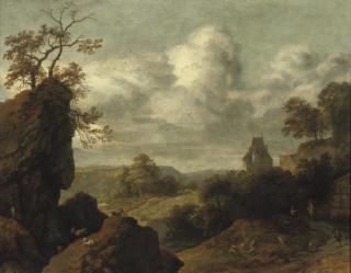 Allaert Van Everdingen - A rocky landscape with figures on a track, a castle beyond