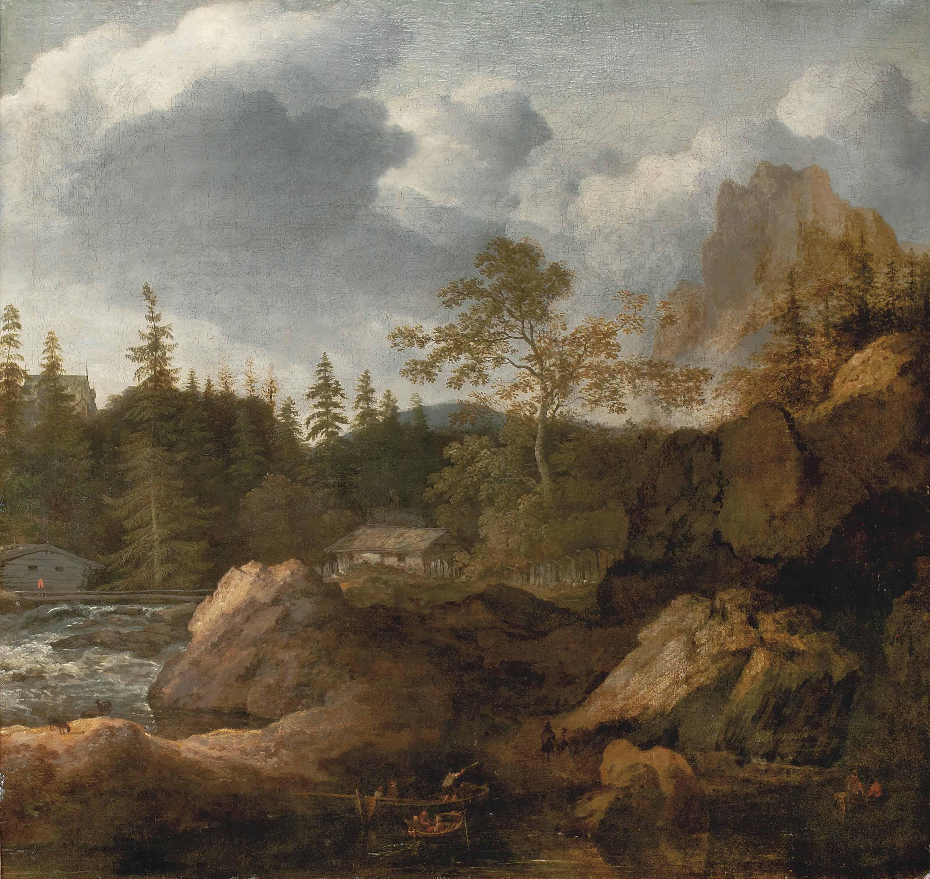 Allaert van Everdingen - A Scandinavian River Landscape With Figures In Boats By A Shore