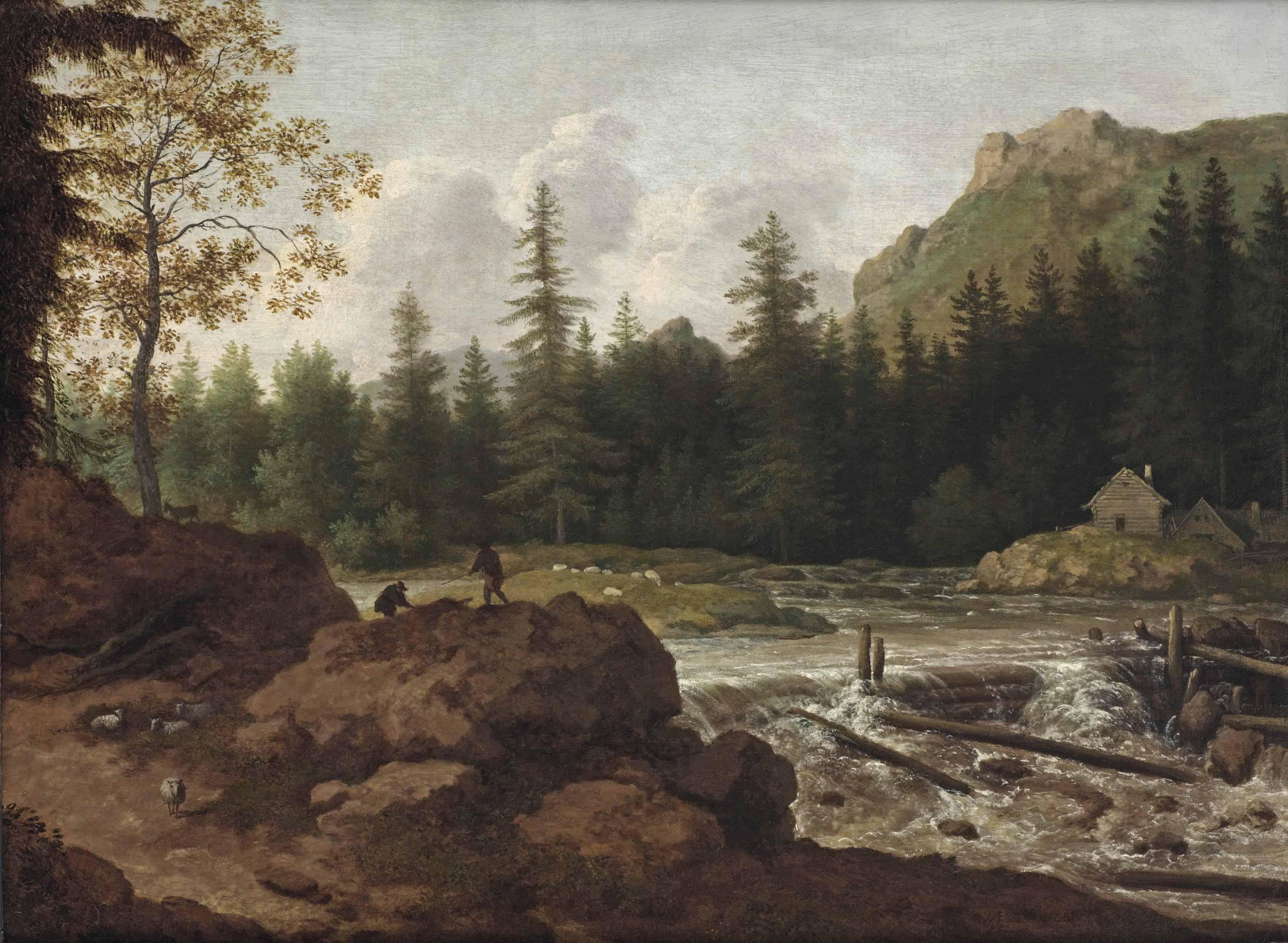 Allaert van Everdingen - A Scandinavian river landscape with herdsmen on a rock by a waterfall