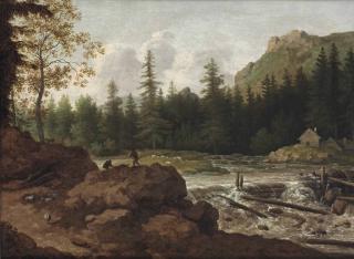 Allaert van Everdingen - A Scandinavian river landscape with herdsmen on a rock by a waterfall