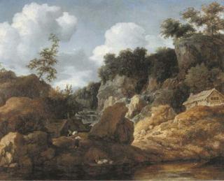 Allaert Van Everdingen - A wooded river landscape with peasants loading a boat