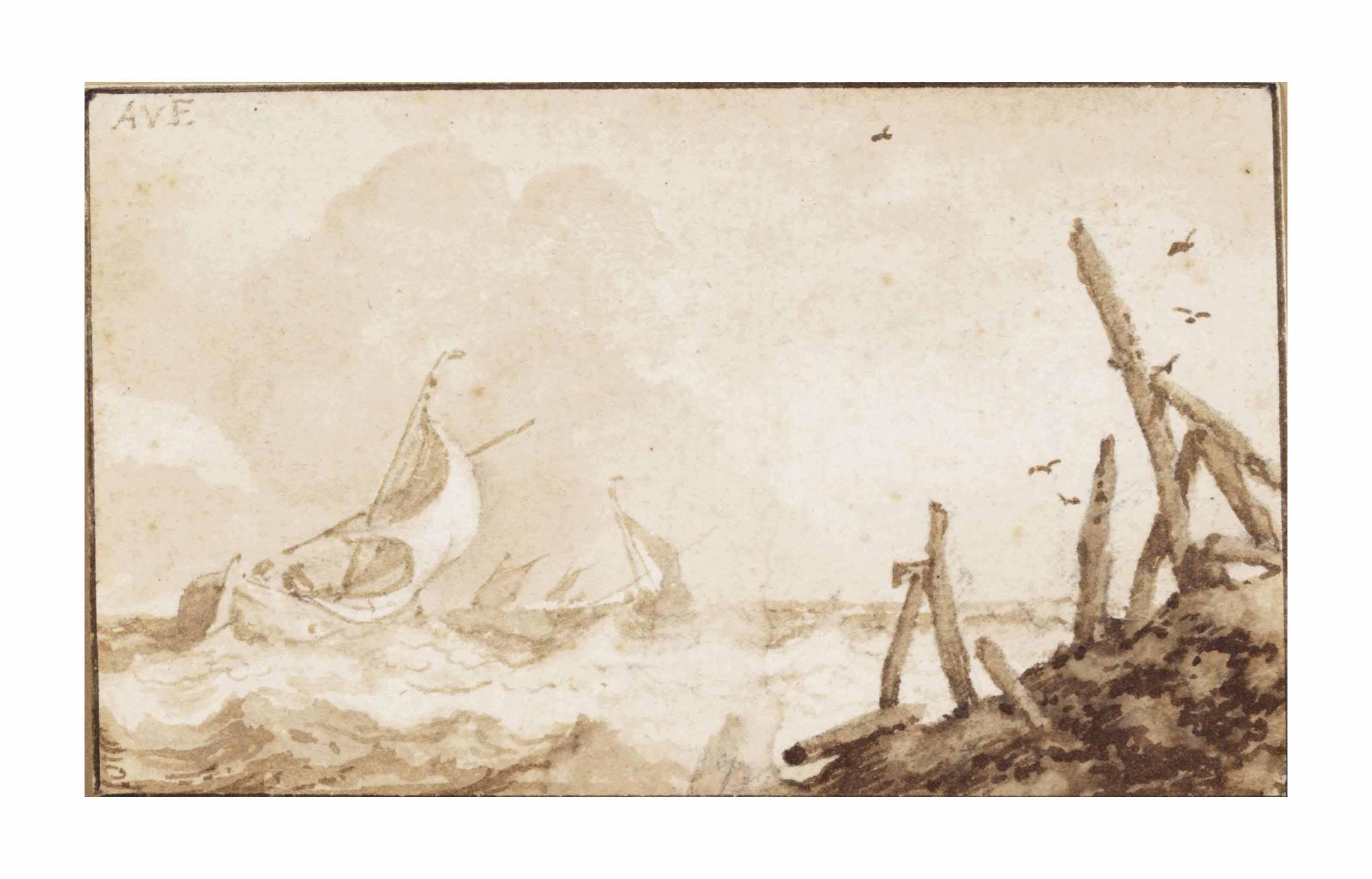 Allaert Van Everdingen - Fishing boats offshore in choppy seas