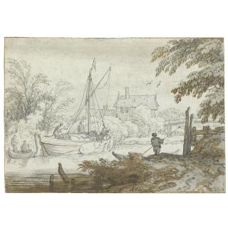 Allaert van Everdingen - River Scene With A Masted Boat Unloading Its Goods And A Figure Punting In The Foreground
