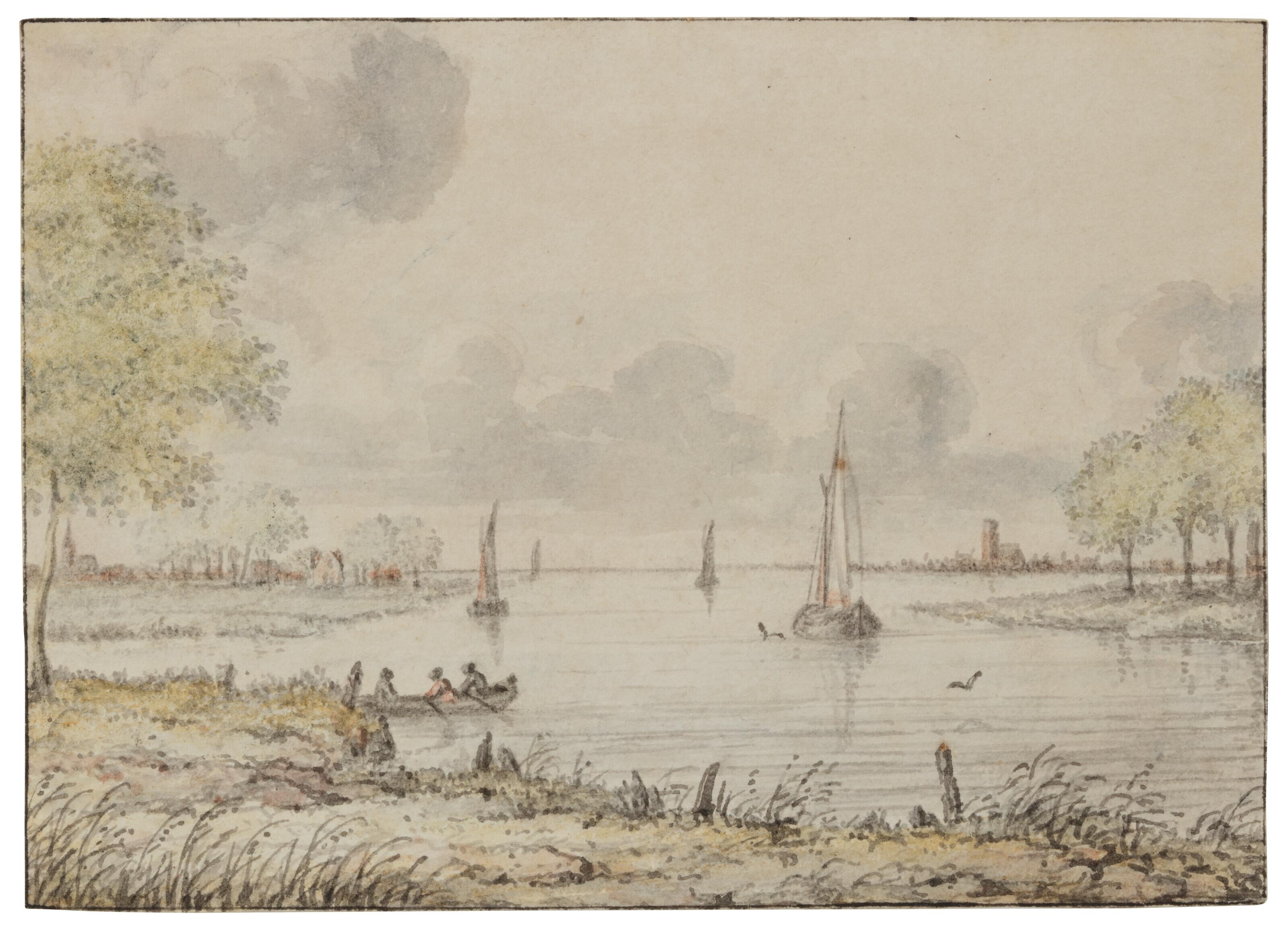 Allaert van Everdingen - Ships on a river with a village and a town beyond