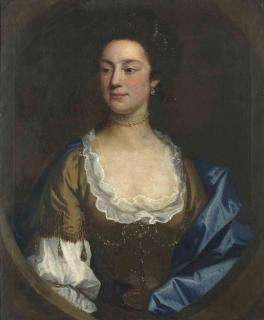Allan Ramsay, R.A. - Portrait of Lady Catherine Hanmer, bust-length, in a brown decollété dress and shawl, with a pearl necklace, in a feigned oval