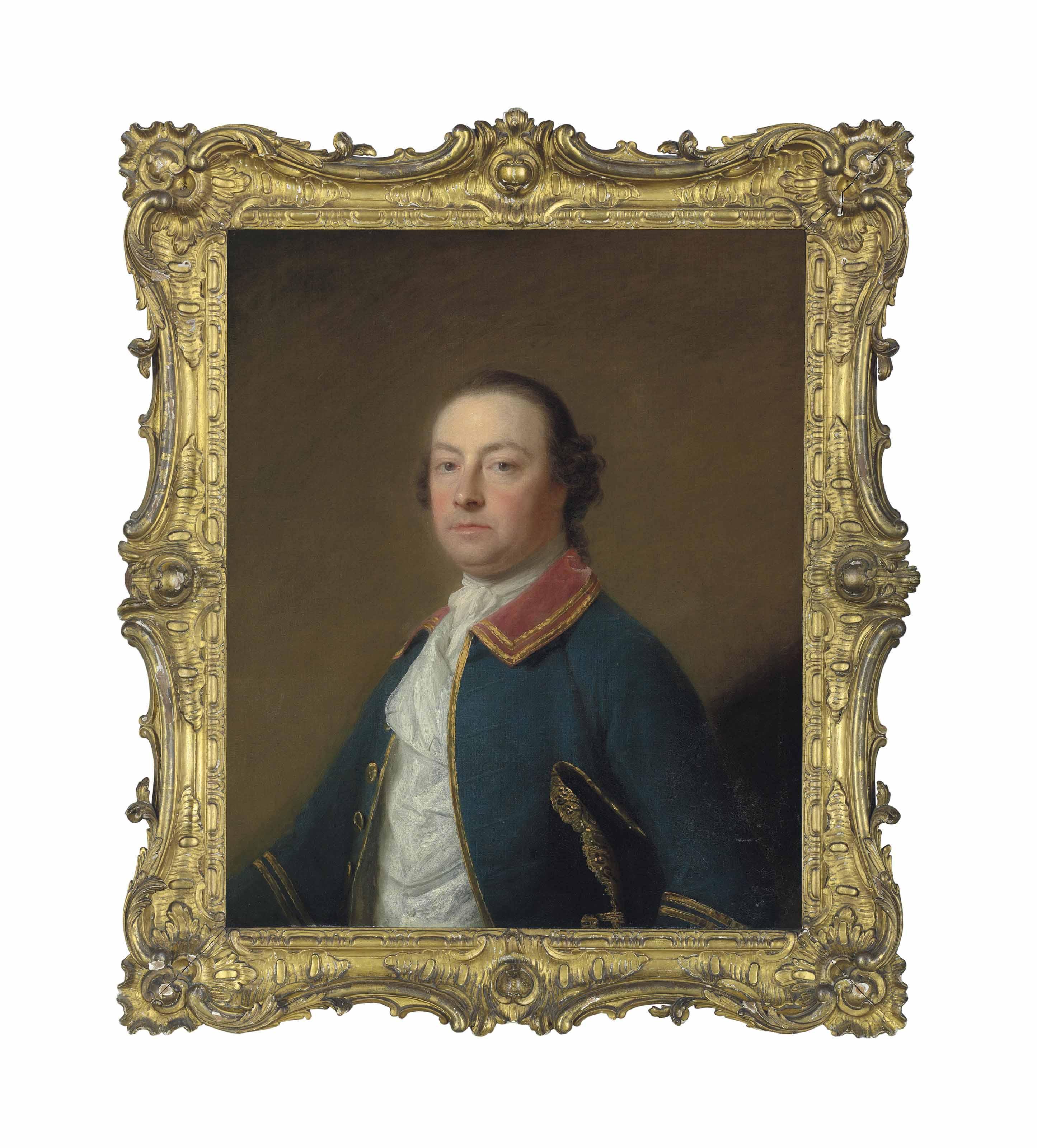 Allan Ramsay - Portrait of a gentleman, half-length, in a blue cloak and cravat, holding a tricorn