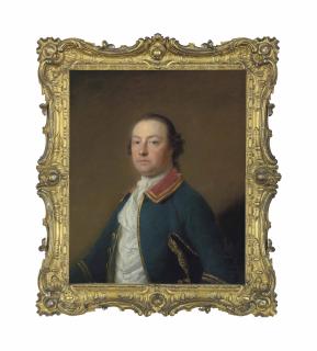 Allan Ramsay - Portrait of a gentleman, half-length, in a blue cloak and cravat, holding a tricorn