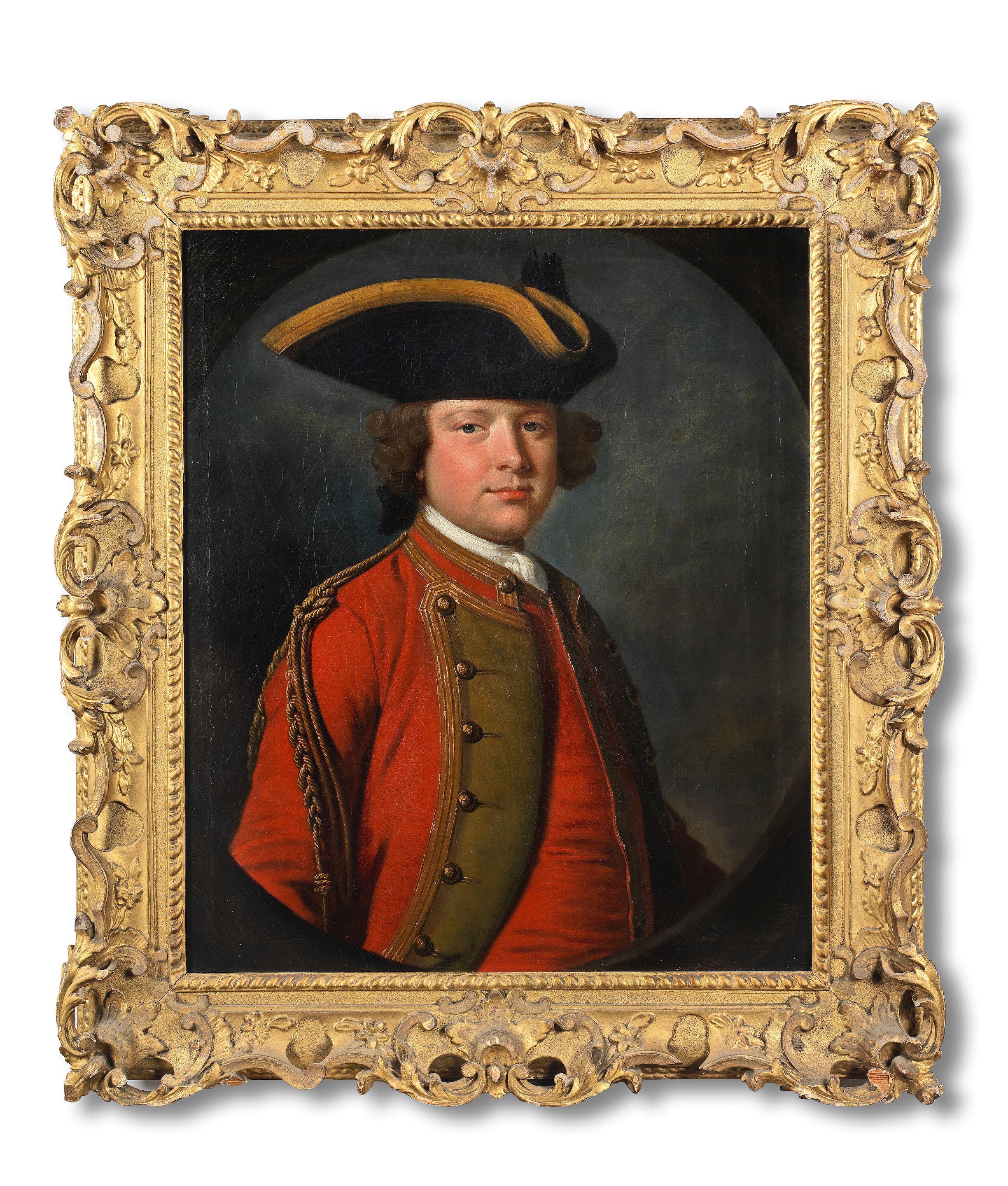 Allan Ramsay - Portrait of a gentleman, half-length, in military uniform and a tricorn hat, within a painted oval in a carved and gilt frame