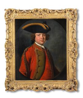 Allan Ramsay - Portrait of a gentleman, half-length, in military uniform and a tricorn hat, within a painted oval in a carved and gilt frame