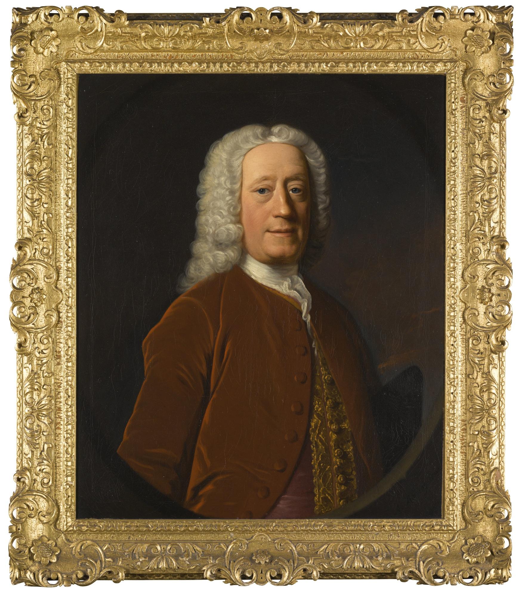 Allan Ramsay - Portrait Of A Gentleman, Possibly Colonel Sir John Walkinshaw Of Barrowfield (1676-1780), Half-Length, Wearing A Russet Coloured Coat Over A Pink Waistcoat With An Embroidered Trim