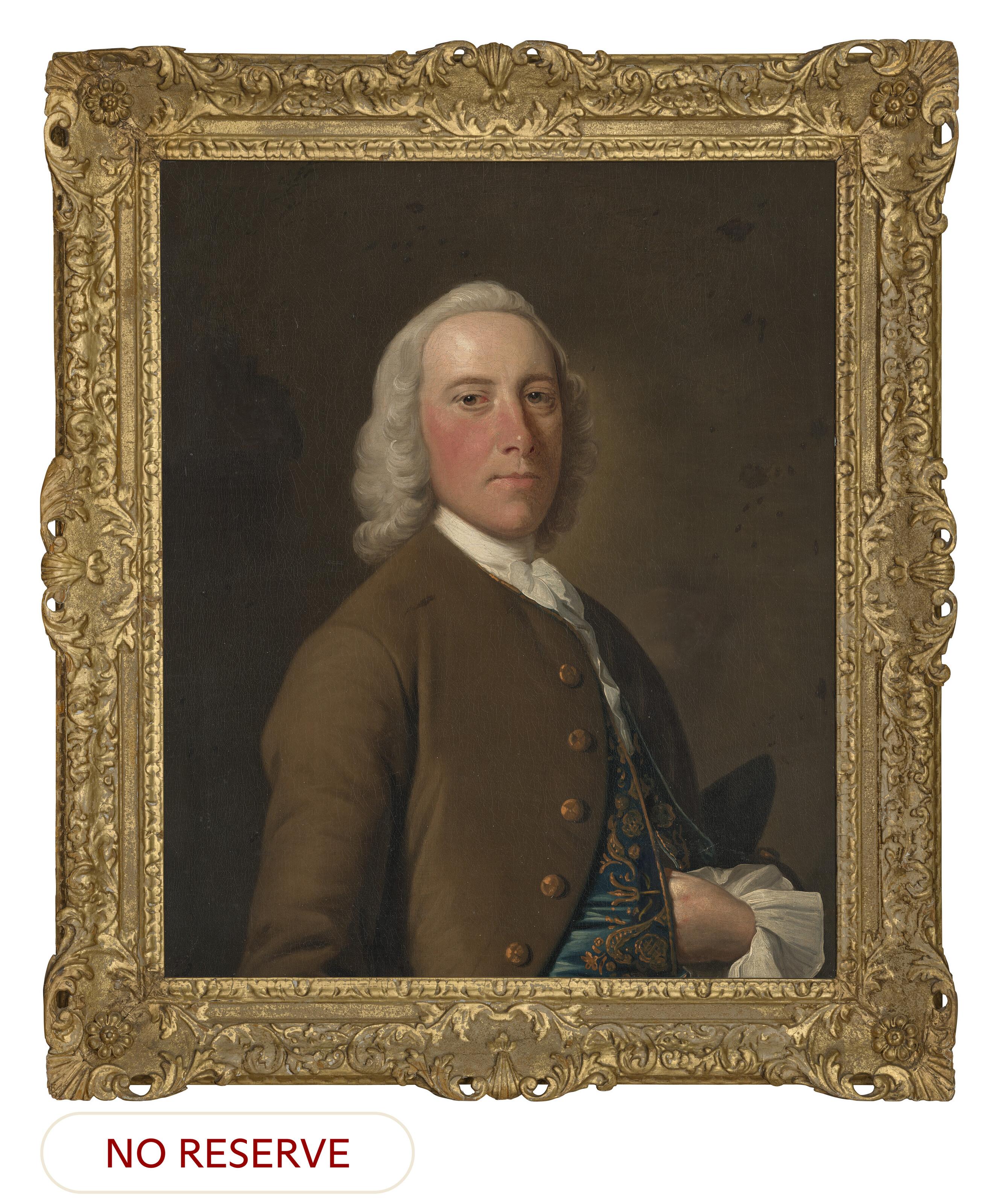 Allan Ramsay - Portrait of a gentleman, traditionally identified as Mr Dunn, half-length, in a blue embroidered waistcoat and brown coat
