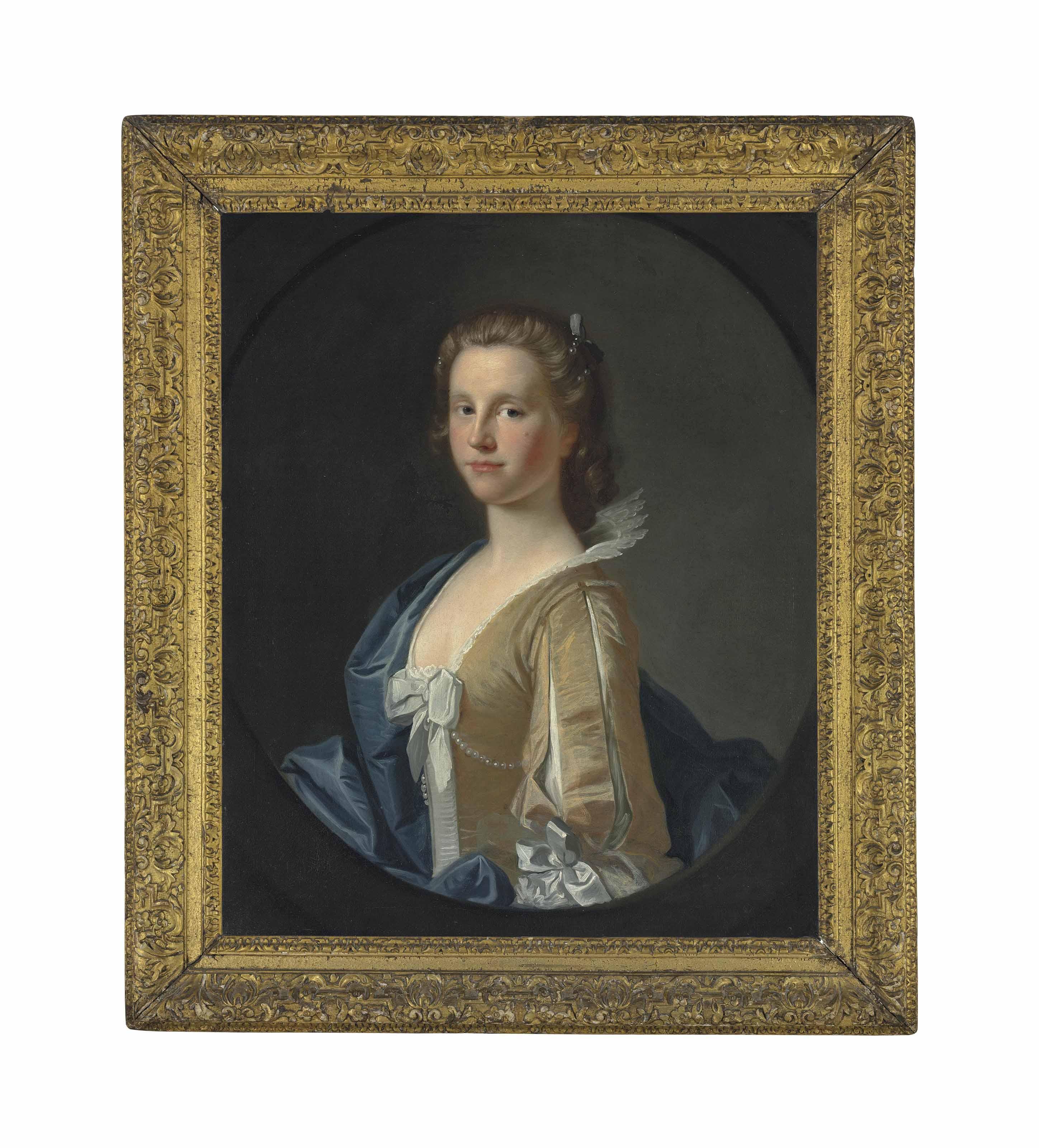 Allan Ramsay - Portrait of a lady, half-length, in a yellow dress with ribbons and a blue wrap, in a feigned oval