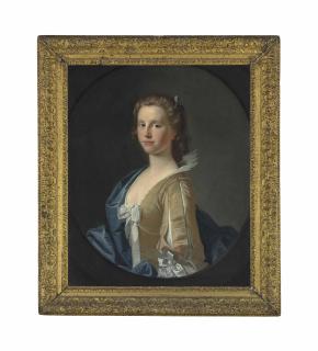 Allan Ramsay - Portrait of a lady, half-length, in a yellow dress with ribbons and a blue wrap, in a feigned oval
