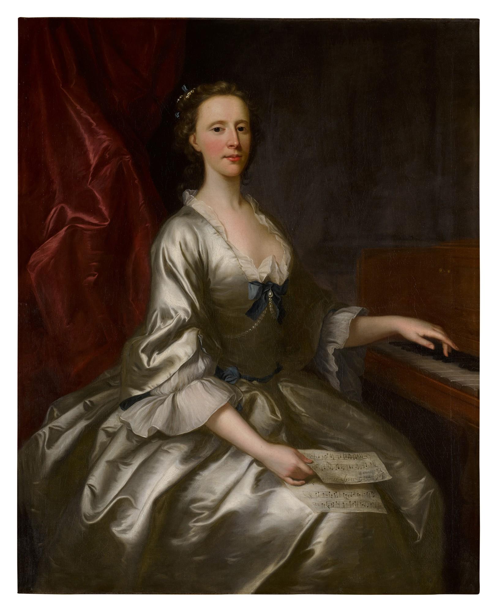 Allan Ramsay - Portrait of a lady, three-quarter length, seated at a harpsichord, holding a sheet of music