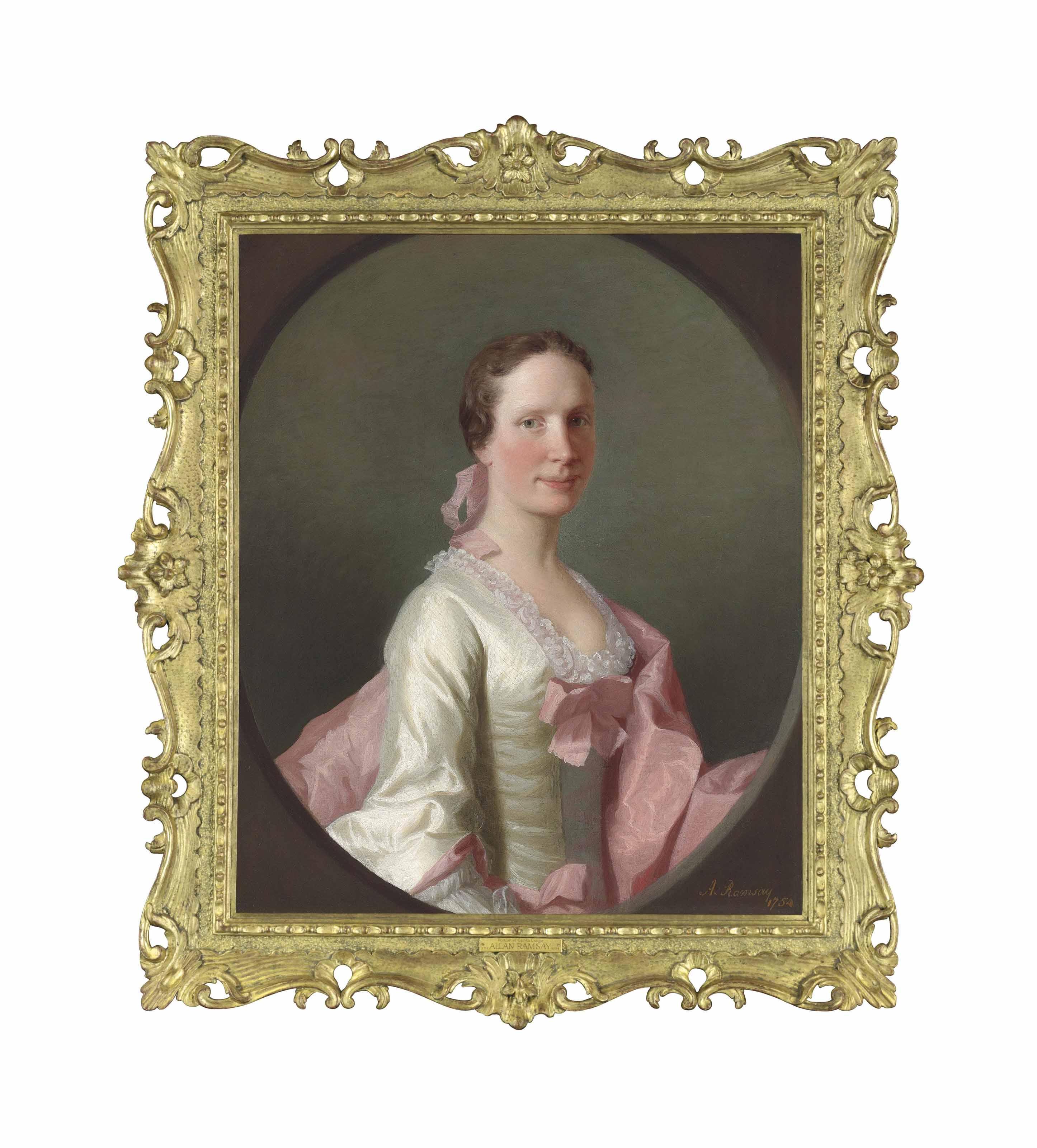 Allan Ramsay - Portrait of Cecilia Craigie (b. 1727), half-length, in a white silk dress with pink ribbons and a pink wrap