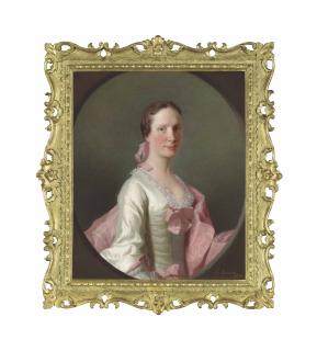 Allan Ramsay - Portrait of Cecilia Craigie (b. 1727), half-length, in a white silk dress with pink ribbons and a pink wrap