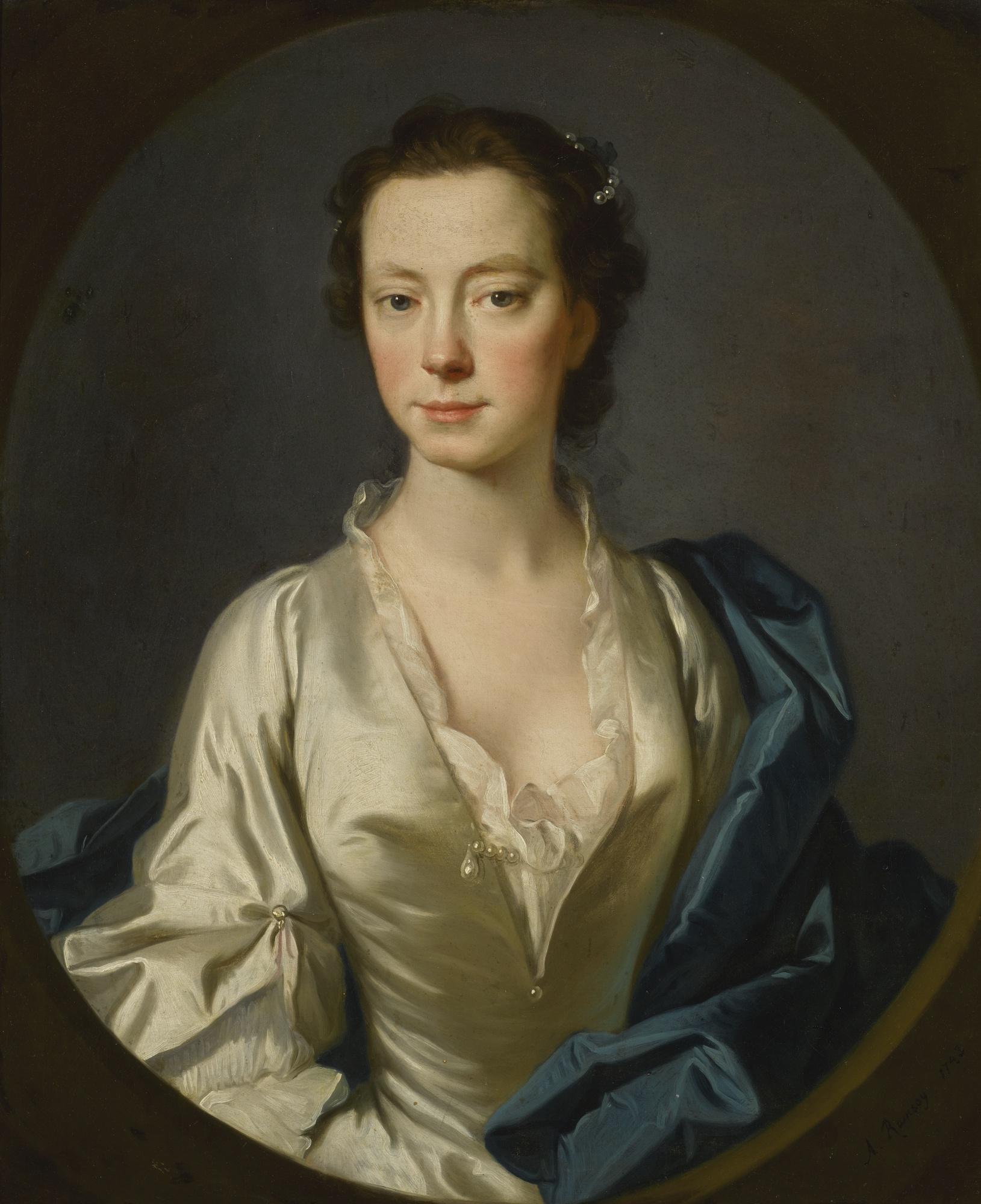 Allan Ramsay - Portrait Of Jean Nisbet, Lady Banff (D. 1790), Half-Length, Wearing A White Silk Dress And Blue Wrap