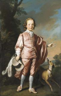 Allan Ramsay - Portrait of John Prideaux Basset (1740-1756), full-length, in pink van Dyck dress, a whippet at his side, in a wooded landscape