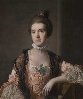 Allan Ramsay - Portrait Of Mrs. Barbara Young (D. 1798?), Half-Length, Wearing A Pink Dress With White Lace, And A Black Lace Shawl