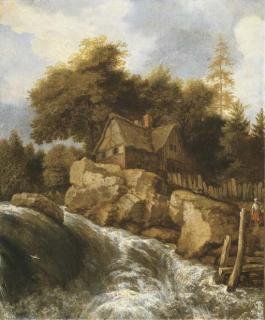 Allart Van Everdingen - A rocky Nordic landscape with peasants on a path by a waterfall, before a cottage