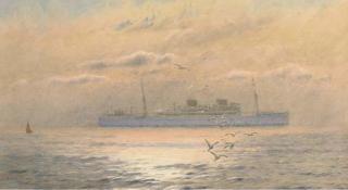Alma Claude Burlton Cull - A Union Castle liner in coastal waters at dusk